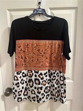 Black Top with Brown Paisley Panel and Leopard Print